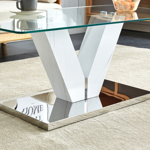 Modern Minimalist Coffee Table - Transparent Tempered Glass Tabletop With Silver MDF Pillars