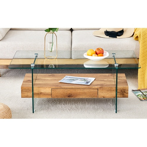 Clear Tempered Glass And Natural Wood Grain Coffee Table with Drawer