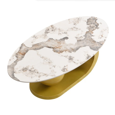 Marble Pattern Centered Stone Coffee Tabletop With Gold Stainless Steel Base