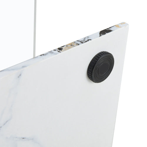 Transparent Tempered Glass Coffee Table With Marble Patterned MDF Legs And Stainless Steel Decorative Columns